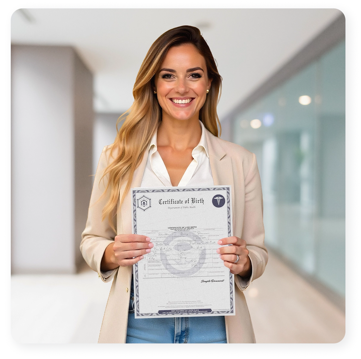 Woman holding a birth certificate
